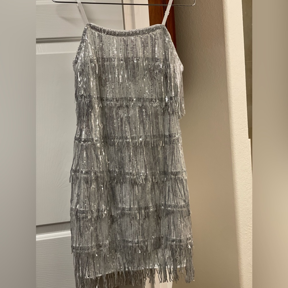 Silver Sequined Tassel Cut Out Mini Short Dress Party Fringe